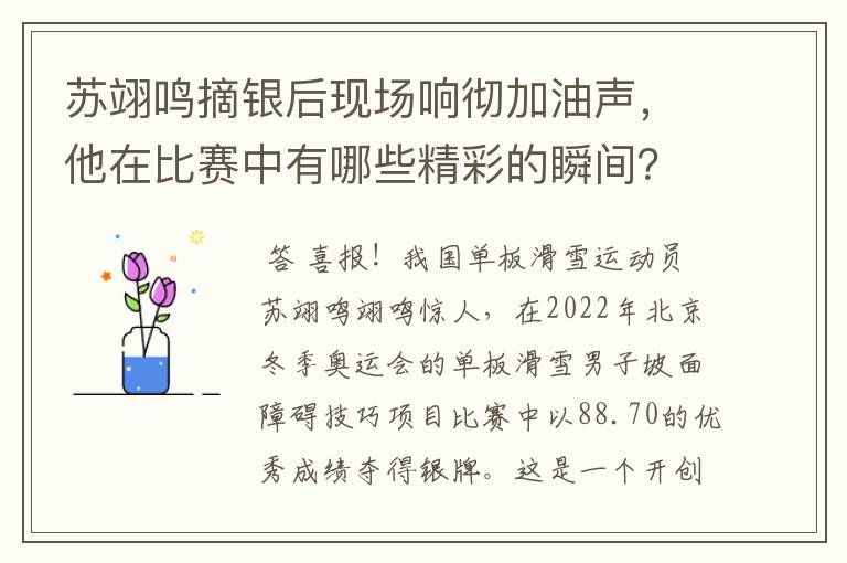 苏翊鸣摘银后现场响彻加油声,他在比赛中有哪些精彩的瞬间?