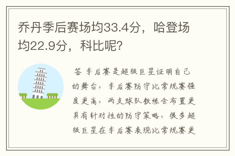 乔丹季后赛场均33.4分,哈登场均22.9分,科比呢?