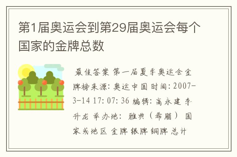 第1届奥运会到第29届奥运会每个国家的金牌总数