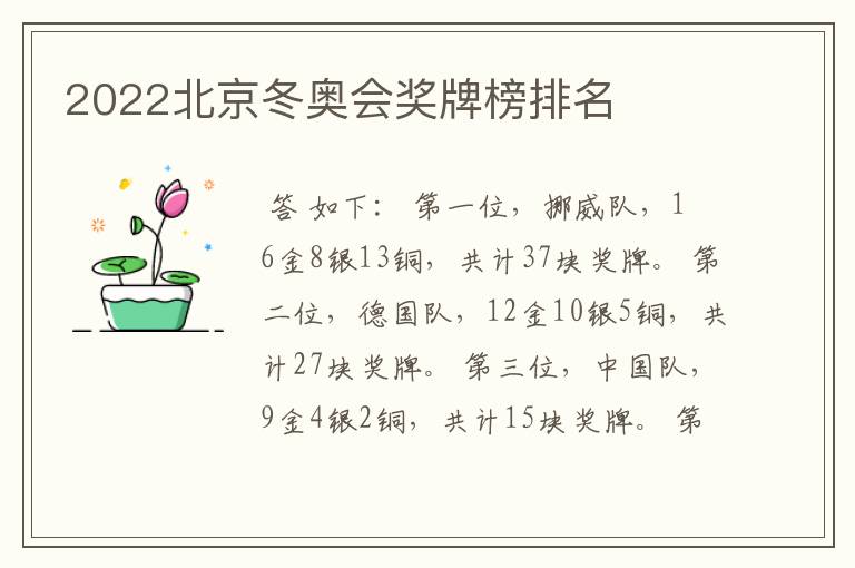 2022北京冬奥会奖牌榜排名