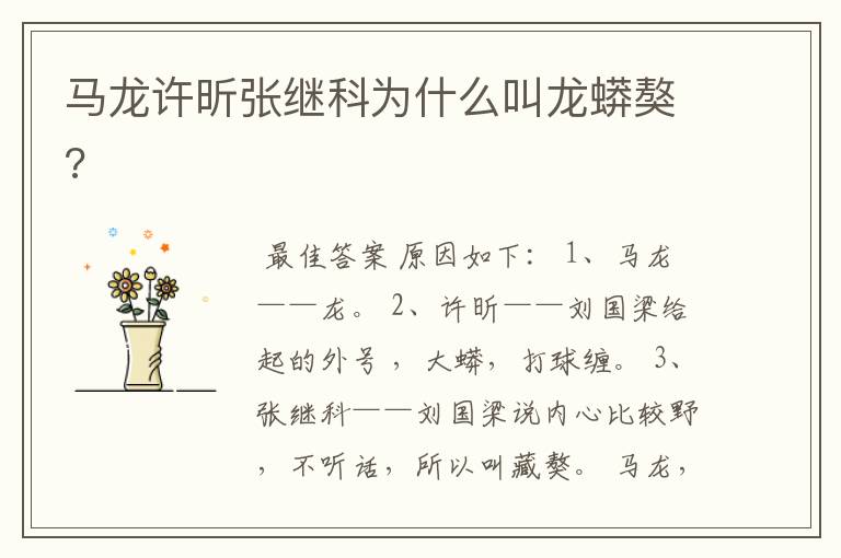 马龙许昕张继科为什么叫龙蟒獒?