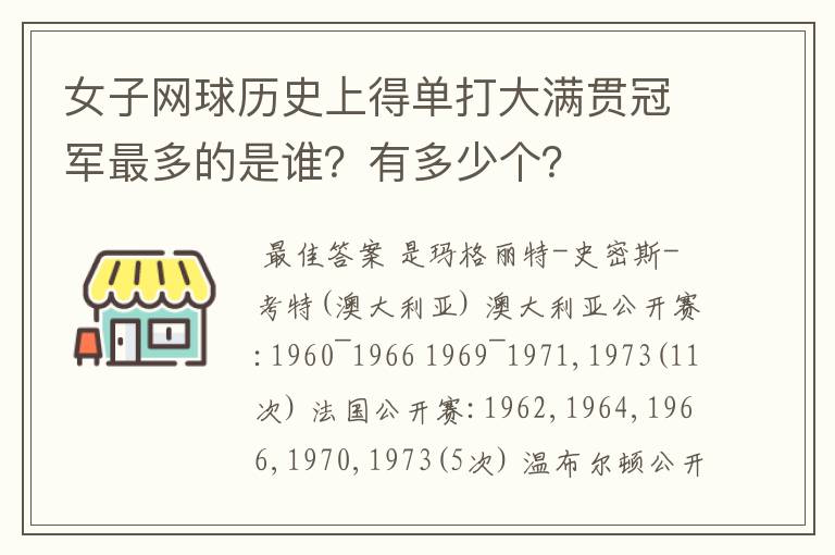 女子网球历史上得单打大满贯冠军最多的是谁?有多少个?