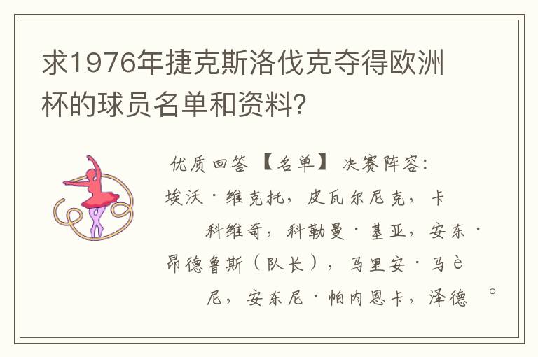 求1976年捷克斯洛伐克夺得欧洲杯的球员名单和资料？