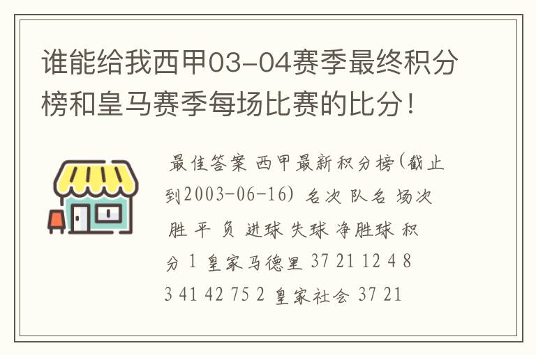 谁能给我西甲03-04赛季最终积分榜和皇马赛季每场比赛的比分!