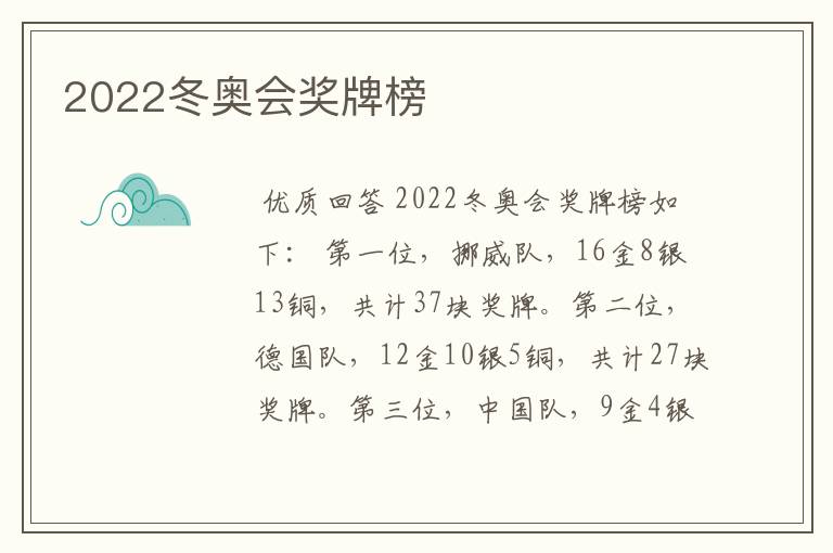 2022冬奥会奖牌榜