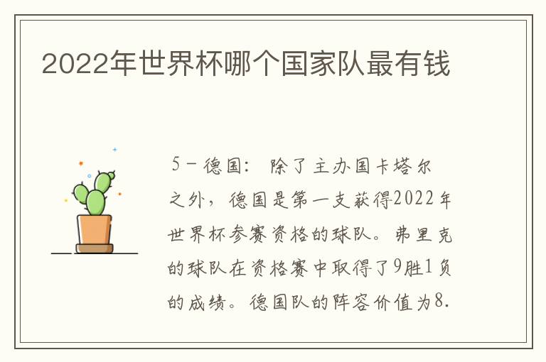 2022年世界杯哪个国家队最有钱