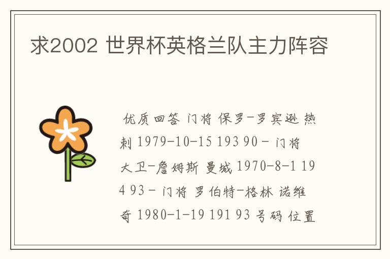 求2002 世界杯英格兰队主力阵容