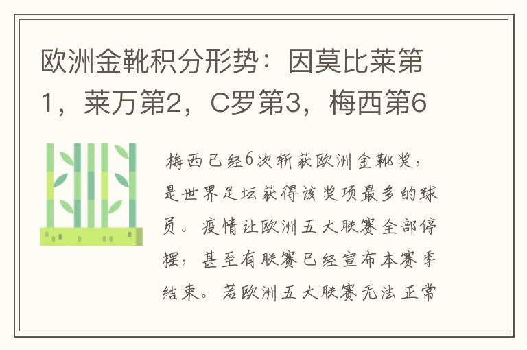 欧洲金靴积分形势:因莫比莱第1,莱万第2,C罗第3,梅西第6