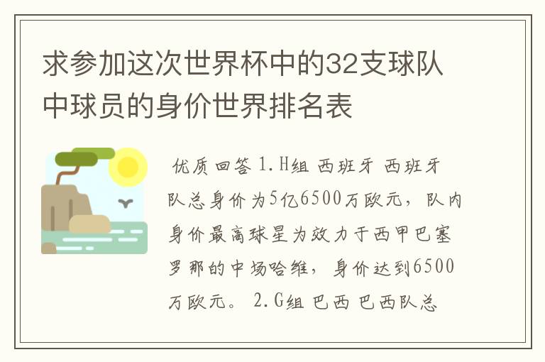 求参加这次世界杯中的32支球队中球员的身价世界排名表