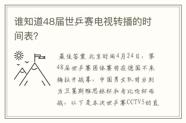 谁知道48届世乒赛电视转播的时间表？