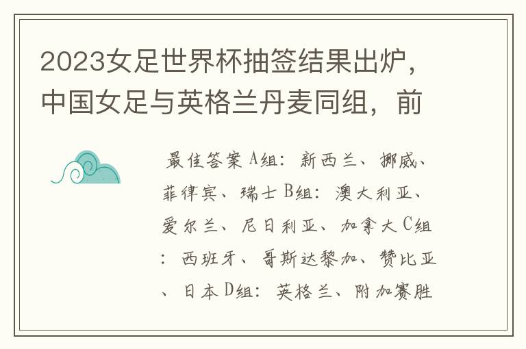 2023女足世界杯抽签结果出炉,中国女足与英格兰丹麦同组,前景如何?