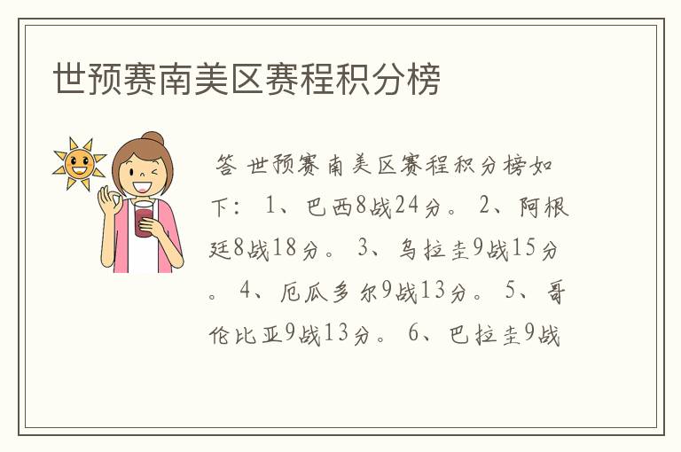 世预赛南美区赛程积分榜