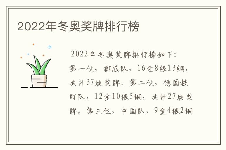 2022年冬奥奖牌排行榜