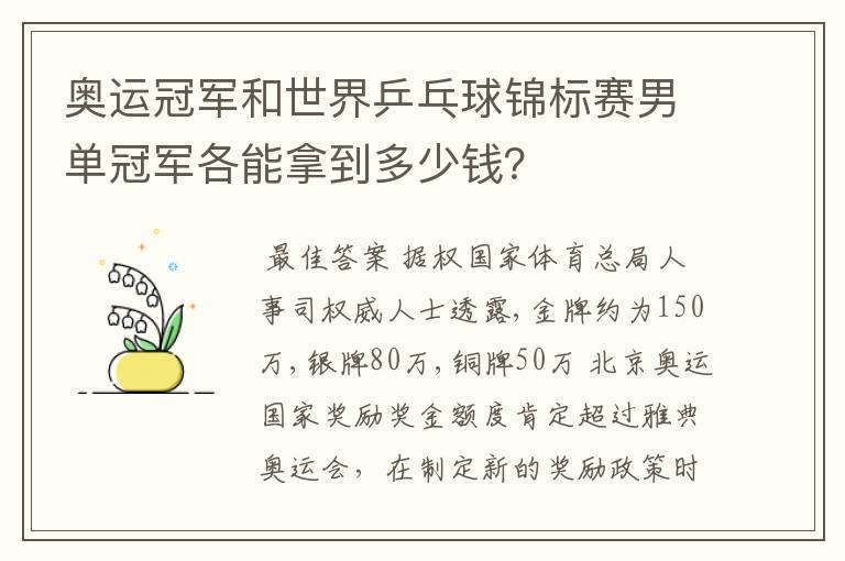 奥运冠军和世界乒乓球锦标赛男单冠军各能拿到多少钱？