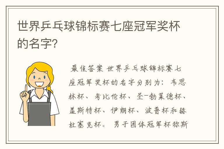 世界乒乓球锦标赛七座冠军奖杯的名字?
