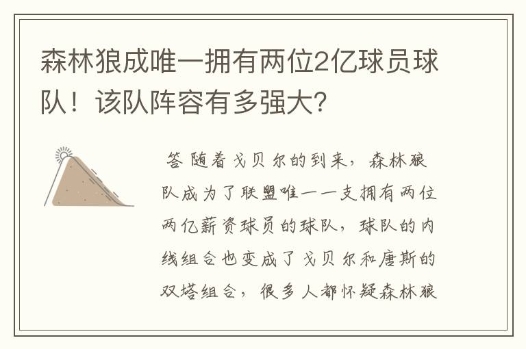 森林狼成唯一拥有两位2亿球员球队!该队阵容有多强大?