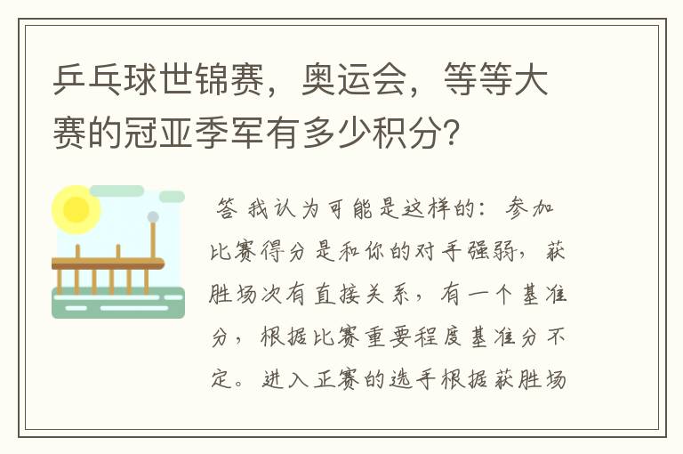 乒乓球世锦赛,奥运会,等等大赛的冠亚季军有多少积分?