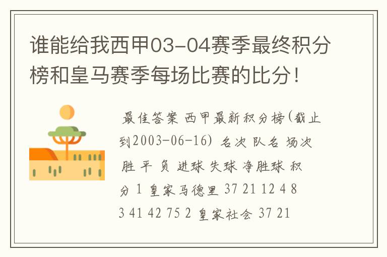 谁能给我西甲03-04赛季最终积分榜和皇马赛季每场比赛的比分!