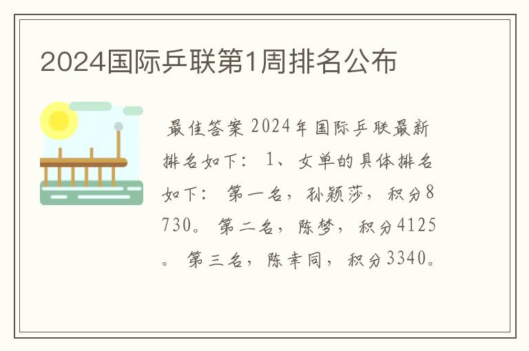 2024国际乒联第1周排名公布