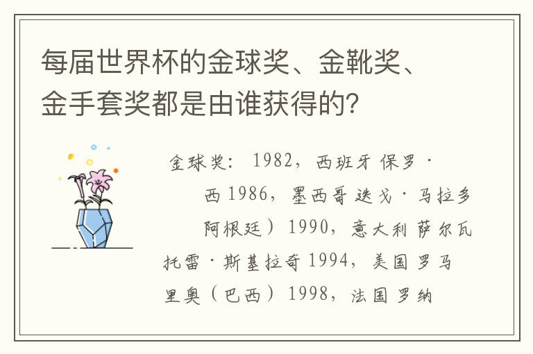 每届世界杯的金球奖、金靴奖、金手套奖都是由谁获得的?