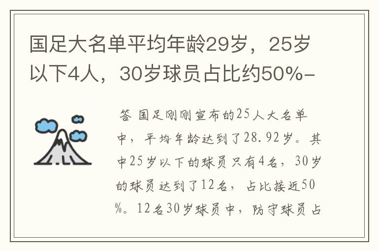 国足大名单平均年龄29岁,25岁以下4人,30岁球员占比约50%-