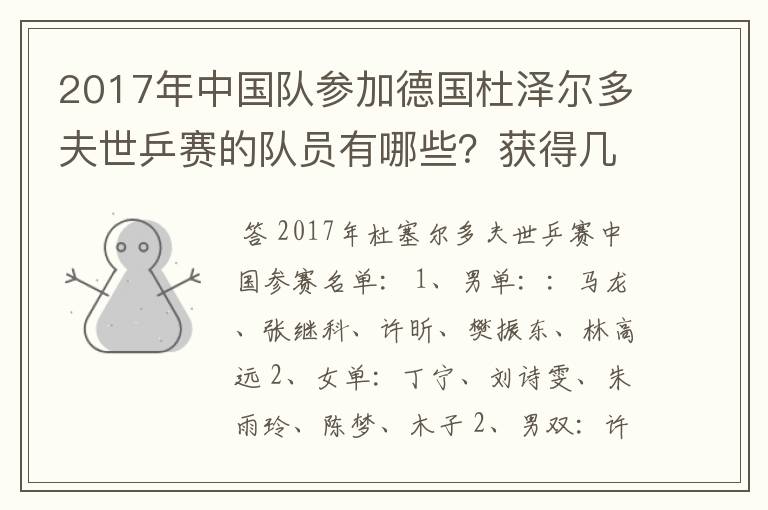 2017年中国队参加德国杜泽尔多夫世乒赛的队员有哪些?获得几项冠军