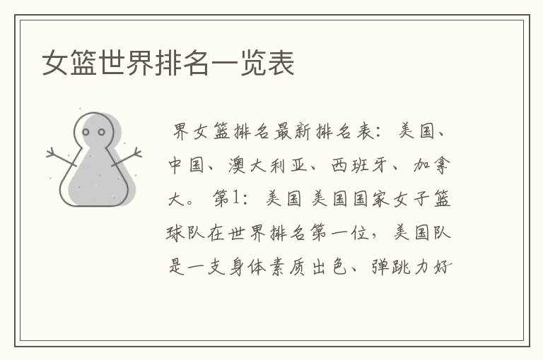 女篮世界排名一览表