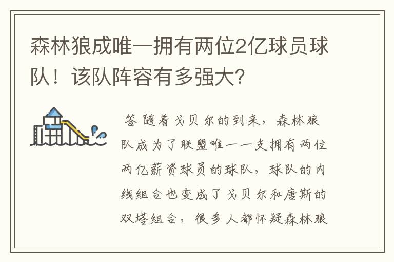 森林狼成唯一拥有两位2亿球员球队!该队阵容有多强大?