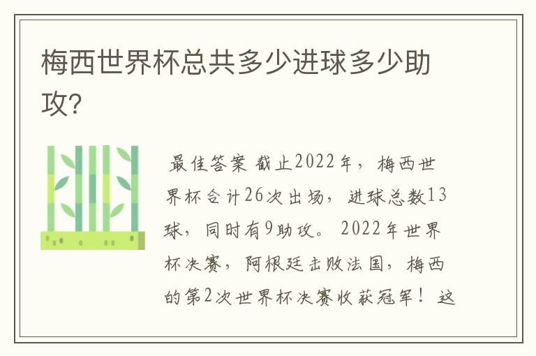 梅西世界杯总共多少进球多少助攻?