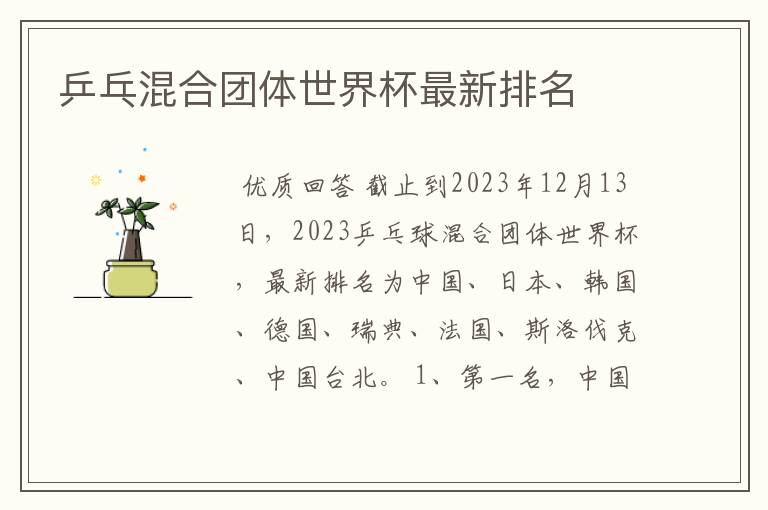 乒乓混合团体世界杯最新排名
