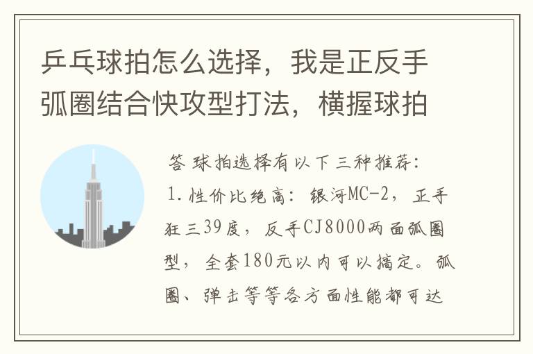乒乓球拍怎么选择，我是正反手弧圈结合快攻型打法，横握球拍！