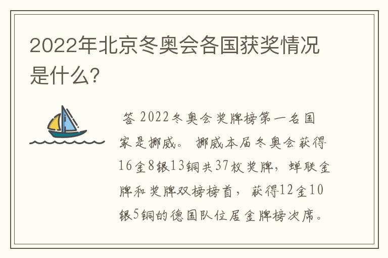 2022年北京冬奥会各国获奖情况是什么?