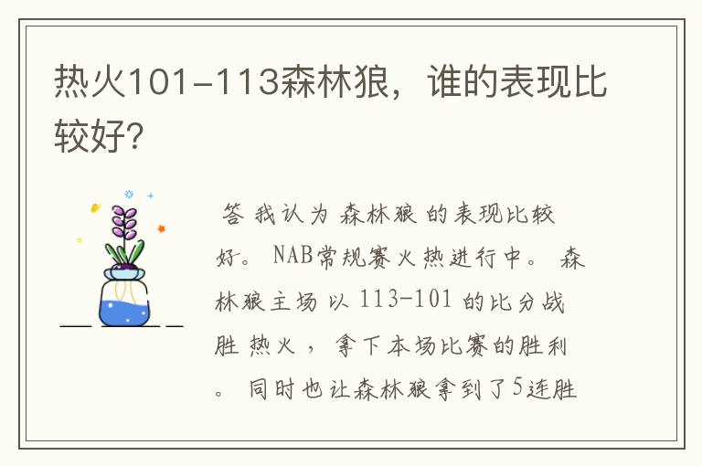 热火101-113森林狼,谁的表现比较好?