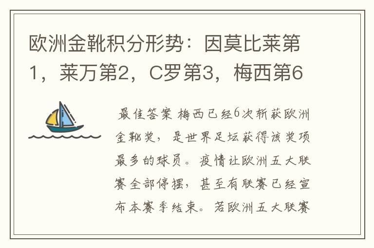 欧洲金靴积分形势:因莫比莱第1,莱万第2,C罗第3,梅西第6