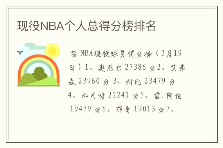 现役NBA个人总得分榜排名