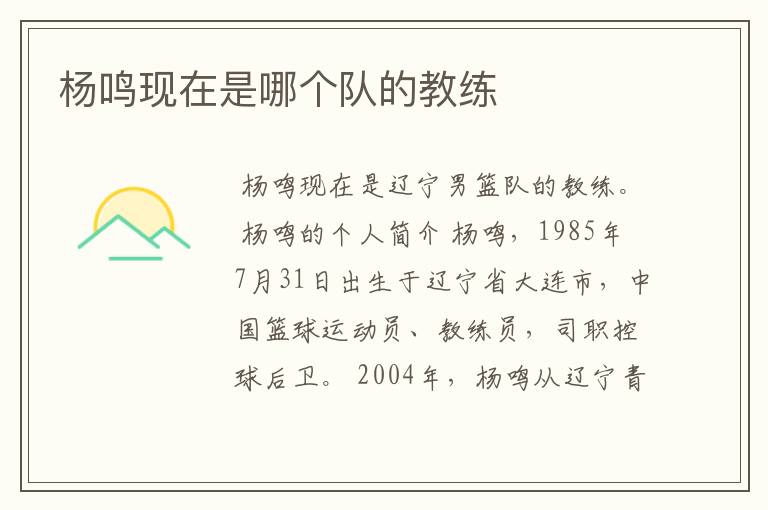 杨鸣现在是哪个队的教练