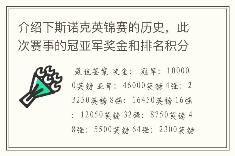 介绍下斯诺克英锦赛的历史,此次赛事的冠亚军奖金和排名积分各是多少?