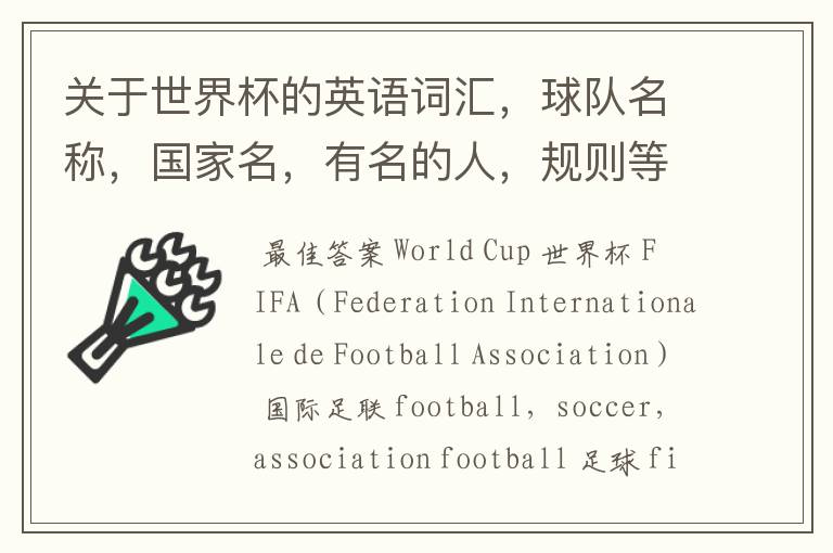 关于世界杯的英语词汇,球队名称,国家名,有名的人,规则等。