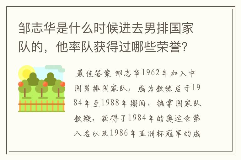 邹志华是什么时候进去男排国家队的,他率队获得过哪些荣誉?