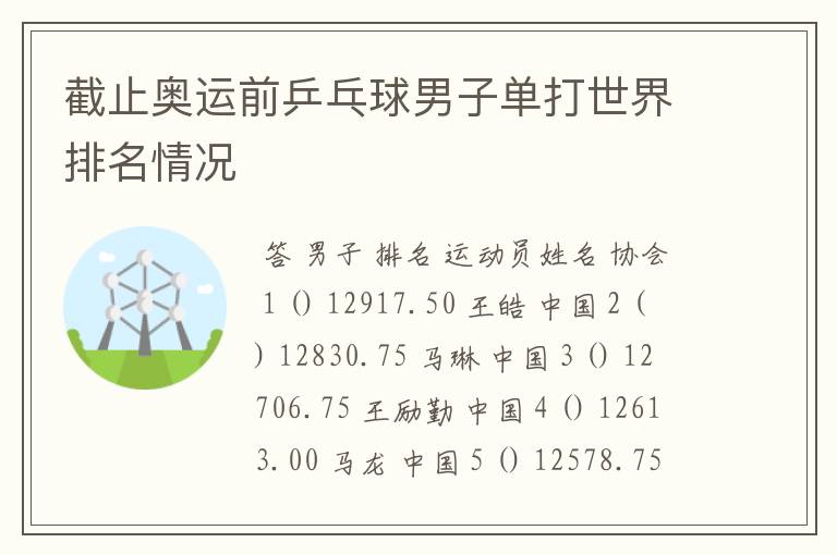 截止奥运前乒乓球男子单打世界排名情况