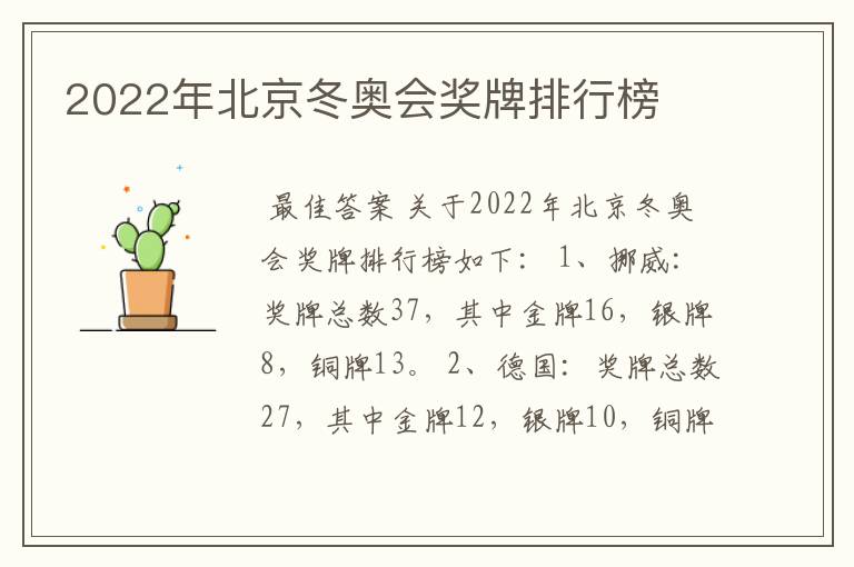 2022年北京冬奥会奖牌排行榜