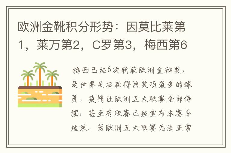 欧洲金靴积分形势:因莫比莱第1,莱万第2,C罗第3,梅西第6