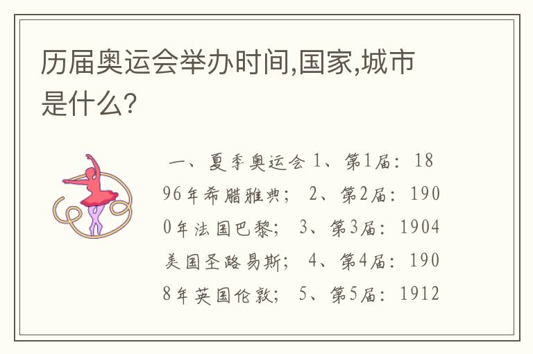 历届奥运会举办时间,国家,城市是什么?