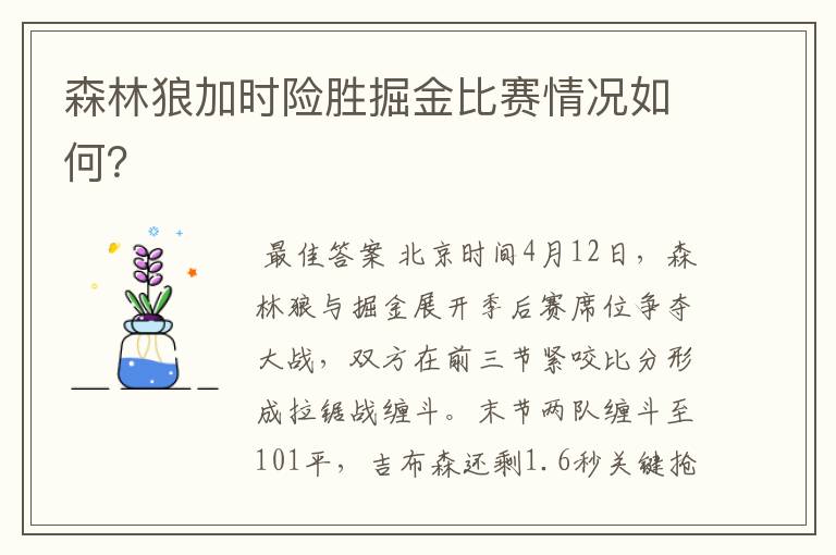 森林狼加时险胜掘金比赛情况如何?