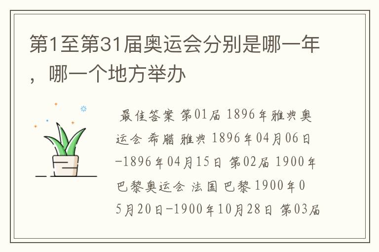 第1至第31届奥运会分别是哪一年,哪一个地方举办