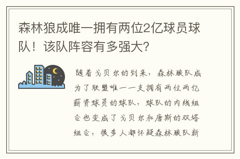 森林狼成唯一拥有两位2亿球员球队!该队阵容有多强大?