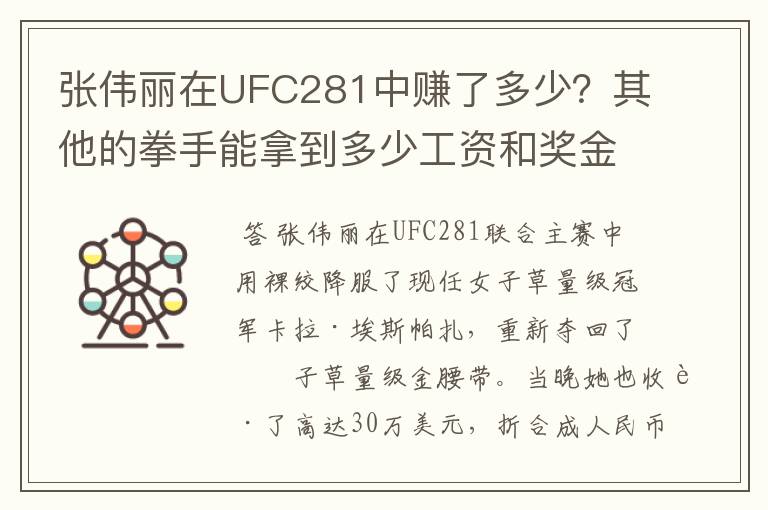 张伟丽在UFC281中赚了多少?其他的拳手能拿到多少工资和奖金?