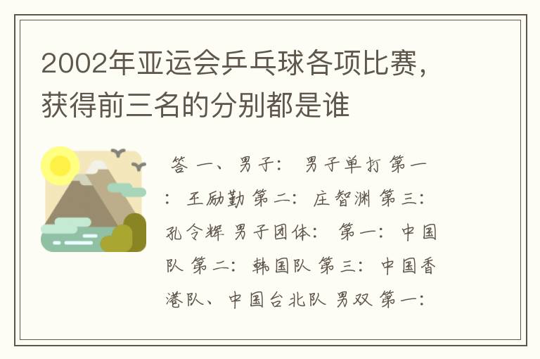 2002年亚运会乒乓球各项比赛,获得前三名的分别都是谁