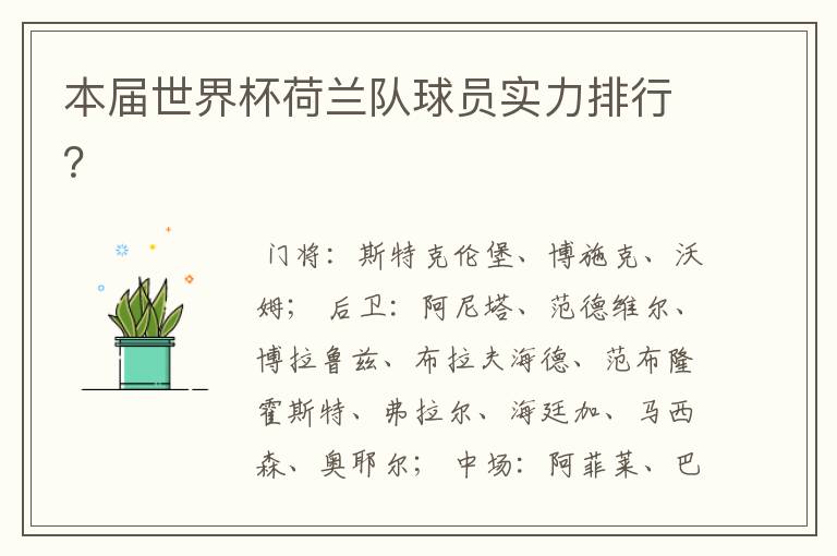 本届世界杯荷兰队球员实力排行?