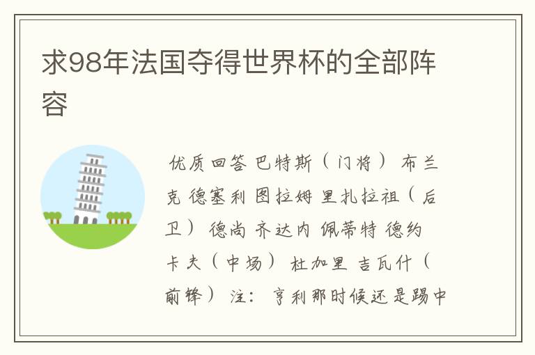 求98年法国夺得世界杯的全部阵容